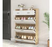 Matteo White & Natural Narrow Shoe Cabinet With 3 Flip Doors & 2 Drawers, Adjustable Storage