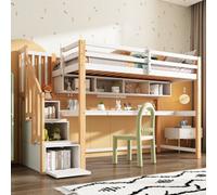 Matteo White & Natural Pine Wood Children's Loft Bunk Bed With Desk & Storage Stairs, 90X190Cm