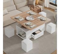 Matteo White & Natural Wood Lift Top Coffee Table Set With 4 Stools & Wheels - Convertible Dining & Work Desk (100X50X45Cm)