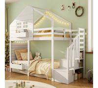 Matteo White Pine & Mdf Children's Loft Bed Frame With Storage Stairs, Fall Protection & Play Window - European Single
