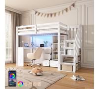Matteo White Single Wooden Loft Bed with Desk, Storage Stairs Matteo White Single