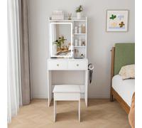 Matteo White Small Makeup Vanity Desk With 3-Level Dimmable Led Mirror, Integrated Power Sockets, Usb, Hair Dryer Stand & Padded Stool