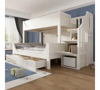 Matteo White Solid Wood Bunk Bed For Kids With Staircase Storage & Drawers - Double (135X190) & Single (90X190) Beds