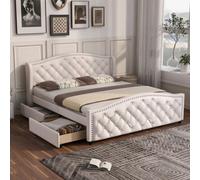 Matteo White Upholstered Bed 135X190Cm With Slatted Frame, 2 Drawers And Riveted Headboard