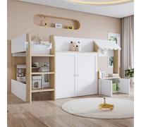 Matteo White Wooden 3Ft Single High Sleeper Bed Frame With Ladder & Integrated Storage Cabinet