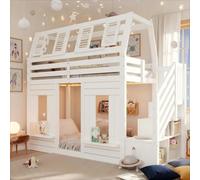 Matteo White Wooden Bunk Bed 90X190Cm With Storage Stairs, Led Lights & Window Design - Kids Loft Bed