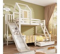 Matteo White Wooden Kids Treehouse Bunk Bed With Slide & Storage Drawer - 90/135X190Cm