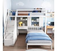 Matteo White Wooden Single Bunk Bed Frame With Desk, Storage Staircase & Shelves