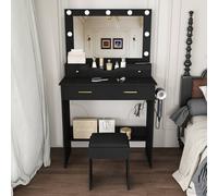 Matteo Women's Black Hollywood Mirror Dressing Table With Lights & Stool Matteo Black