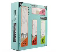 Matter Compostable Kitchen Assorted Resealable Food Storage Bags Variety Pack 230 Count - 80 Snack Bags - 80 Sandwich Bags - 50 Quart Bags - 20 Gallon Bags