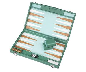 Mattera 15 inch Backgammon Set - Modern Green Board Game - Wood and Leatherette with Marbleised Checkers - Travel Games for Adults