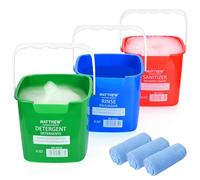 Matthew Red&Green&Blue Detergent and Sanitizing Cleaning Bucket 6 Quart Cleaning Pail,Set of 3 Square Containers,Built-In Spout w/Handle,Wash Rinse Sanitize Handwash Bucket,Incl.3Pcs Microfiber Cloths