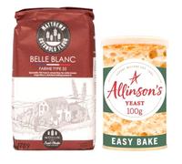 Matthews Belle Blanc French T55 Flour 1.5Kg & Allinson Easy Bake Yeast Tin 100g Tin - Ideal for Baguettes, Crusty Artisan Loaves, Bread Machines & Hand Baking