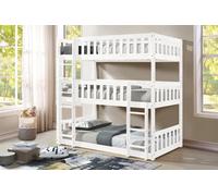 Mattress Guru Lydia Triple Bunk Bed With Ladder In White, Wooden High Sleeper Kids Bunk Bed, Solid Rubberwood Bed Frame