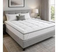 Mattress Topper Quilted Double Bed 10 cm / 4 inch Thick Ball Fiber Filling | Extra Thick 10cm Depth, Grey Piping, Soft Ball Fibre Fill, Box Stitch Design, Elastic Corner Straps, Breathable & Comfortable