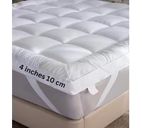 Mattress Topper Single Bed 4 Inch 10cm Extra Thick 1100 Gsm Quilted Heavy Box Stitched Fluffy Hypoallergenic Microfiber with Strong Elasticated Corner Straps 90x190cm