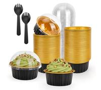 MATUFF 100-Pack 5 oz Black Gold Mini Cake Pans with Lids, Disposable Aluminum Foil Baking Cups, Muffin Tins, Ramekins for Cupcakes, Brownies, Flan, Pudding - Wedding, Birthday Party Supplies