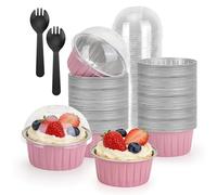 MATUFF 100-Pack 5 oz Pink Mini Cake Pans with Lids, Disposable Aluminum Foil Baking Cups, Muffin Tins, Ramekins for Cupcakes, Brownies, Flan, Pudding - Wedding, Birthday,Baby Shower, Princess Party