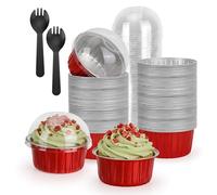 MATUFF 100-Pack 5 oz Red Mini Cake Pans with Lids, Disposable Aluminum Foil Baking Cups, Muffin Tins, Ramekins for Cupcakes, Brownies, Flan, Pudding - Christmas, Valentine‘s, Birthday Party Supplies