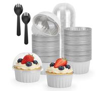 MATUFF 100-Pack 5 oz White Mini Cake Pans with Lids, Disposable Aluminum Foil Baking Cups, Muffin Tins, Ramekins for Cupcakes, Brownies, Flan, Pudding - Clean & Elegant for Wedding, Baby Shower
