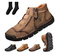 Matufit Shoes for Men, Men's Genuine Leather Waterproof Non-Slip Fashionable Orthopedic Loafers Side Zip Slip-On Boots(Khaki Velvet,6 UK)