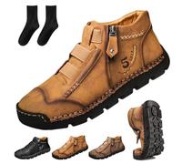 Matufit Shoes for Men, Men's Genuine Leather Waterproof Non-Slip Fashionable Orthopedic Loafers Side Zip Slip-On Boots(Brown Velvet,5.5 UK)