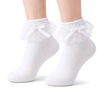 Matwsec 1 Pair White Frilly Socks for Women Cute Lace Ruffle Socks Soft Lolita Ankle Socks with Bow Breathable Thin Cool Women's Ruffled Socks for All Seasons