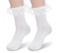 Matwsec 1 Pair White Ruffle Socks for Women Turn-Cuff Lace Frilly Ankle Comfortable Cotton Princess Socks Crew Sock for Girl
