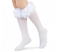 Matwsec 1 Pairs Knee High Socks, Lace Ruffle Frilly Thigh High Socks, White Stockings with Bows, Soft Over the Knee Socks for Women Loli Clothing Accessories Daily Wear School Dating Dance for Gifts