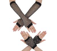 Matwsec 2 Pairs Fishnet Gloves Short Fingerless Gloves Wiyh Rhinestone for 80s 90s Party Cosplay Halloween Costumes Accessories