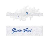 Matwsec 2 Pcs Bridal Wedding Garter for Bride White Lace Rhinestones Blue Garters Floral Bridal Garter You're Next Garters for Bride Women