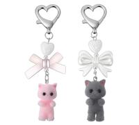 Matwsec 2PCS Fuzzy Cat Keychain Cute Cat Plush Keychain Y2k Kawaii Kitty Matching Keychains with Bow for Women Backpack Purse Handbag Accessories Birthday Christmas Gifts