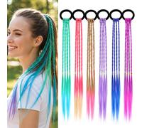 Matwsec 6 Pcs Colored Hair Extensions, Kids Hair Accessories for Girls | Rainbow Hair Braids, 16.54in Braided Ponytail Extension with Rubber Bands for Christmas Halloween Rave Crazy Hair Day