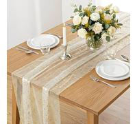 Matwsec Beige Gold Gauze Table Runner, 70x300 cm Glitter Metallic Foil Sheer Sequin Table Runner Kitchen Dining Table Decor for Home Wedding Anniversary Birthday Holiday Christmas Party Decorations