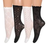 Matwsec Women's Ruffle Ankle Socks 4 Pairs, Mesh Lace Frilly Socks Crew Ultra Thin Breathable for Summer (Black White)