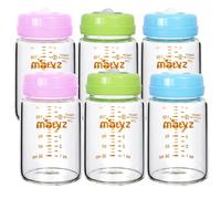 Matyz 6-Pack Borosilicate Glass Breast Milk Bottles (6 oz, 3 Colors) - Wide Neck Breastmilk Collection and Storage Bottle - Formula Storage Bottles Compatible with Medela Avent Spectra Pumps