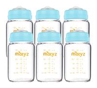 Matyz Glass Breastmilk Storage Bottles, 6 Pack, 6 oz, Compatible with Spectra Medela Breast Pump - Freezer Safe Storage Bottles Set - Wide Mouth Breastmilk Storage Containers - BPA Free (Blue Lids)