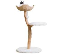 Mau - Modern Wood Cat Tree Tower with Scratching Post, Aesthetic Cat Condo | Replaceable Parts, Hand-Woven Basket Bed, Holds Cats up to 15lb, Natural Branch, Compact for Small Spaces, Cat Lover Gift