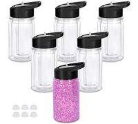 Maucircol 10 Oz Plastic Kids Snowglobe Tumbler with Pre-Drilled Hole and Plug, 6 Pack Double Wall Acrylic Snowglobe Cup for Glitter, Black