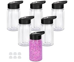 Maucircol 10 Oz Plastic Kids Snowglobe Tumbler with Pre-Drilled Hole and Plug, 6 Pack Double Wall Acrylic Snowglobe Cup for Glitter, Black