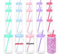 Maucircol 16 Oz Acrylic Snowglobe Tumbler, 20 Pack Pre-Drilled Double Wall Plastic Clear Cup for Glitter Snow Globe Diy, Double Wall Plastic Snowglobe Cup with Colorful Lid