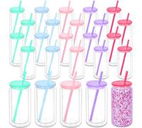 Maucircol 16 Oz Acrylic Snowglobe Tumbler, 25 Pack Pre-Drilled Double Wall Plastic Clear Cup for Glitter Snow Globe Diy, Double Wall Plastic Snowglobe Cup with Colorful Lid