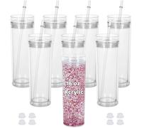 Maucircol 16 Oz Acrylic Snowglobe Tumbler, 8 Pack Pre-Drilled Double Wall Plastic Skinny Snowglobe Cup, Acrylic Skinny Tumbler for Glitter Snow Globe DIY
