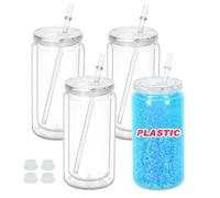 Maucircol 16 Oz Plastic Snowglobe Tumbler, 4 Pack Pre-Drilled Double Wall Plastic Clear Cup for Glitter Snow Globe Diy, Double Wall Snowglobe Cup with Clear Lid