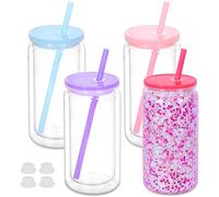 Maucircol 16 Oz Plastic Snowglobe Tumbler, 4 Pack Pre-Drilled Double Wall Plastic Clear Cup for Glitter Snow Globe Diy, Double Wall Snowglobe Cup with Colorful Lid
