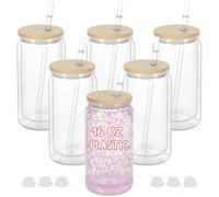 Maucircol 16 Oz Plastic Snowglobe Tumbler, 6 Pack Pre-Drilled Double Wall Plastic Clear Cup for Glitter Snow Globe Diy, Double Wall Snowglobe Cup with Bamboo Lid