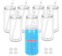 Maucircol 16 Oz Plastic Snowglobe Tumbler, 8 Pack Pre-Drilled Double Wall Plastic Clear Cup for Glitter Snow Globe Diy, Double Wall Snowglobe Cup with Clear Lid