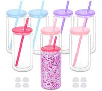 Maucircol 16 Oz Plastic Snowglobe Tumbler, 8 Pack Pre-Drilled Double Wall Plastic Clear Cup for Glitter Snow Globe Diy, Double Wall Snowglobe Cup with Colorful Lid