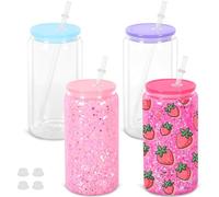 Maucircol 16 Oz Snow Globe Tumbler, 4 Pack Pre-Drilled Sublimation Glass Cup For Glitter Snow Globe Diy with Colorful Lid, Double Wall Sublimation Glass Tumbler