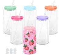 Maucircol 16 Oz Snow Globe Tumbler, 6 Pack Pre-Drilled Sublimation Glass Cup For Glitter Snow Globe Diy with Colorful Lid, Double Wall Sublimation Glass Tumbler